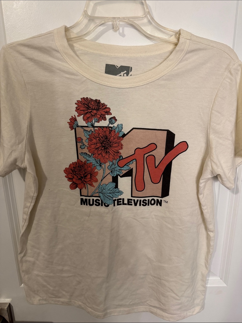 MTV Cream Tee with Red Flowers and Teal Leaves